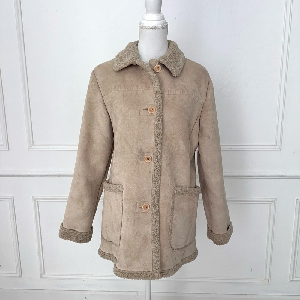 JONES NEW YORK Women's Tan‎ Suede Sherpa Lined Button Up Jacket Size M